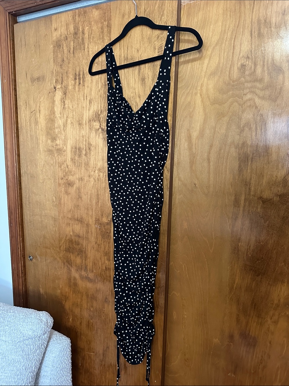 ASOS Ruched Black Polka Dot Midi Dress with Tie Detail